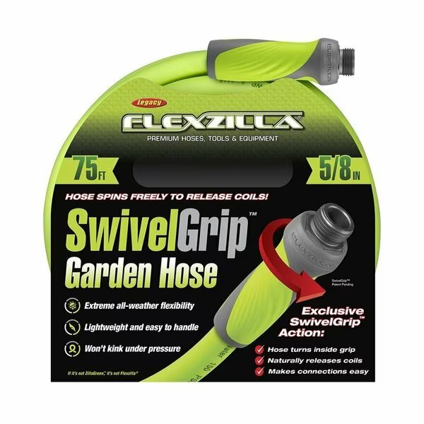 SwivelGrip Garden Hose, 5/8 in, 75 ft L, GHT, Polymer, Green, Flexzilla, Mfr#: HFZG575YWS